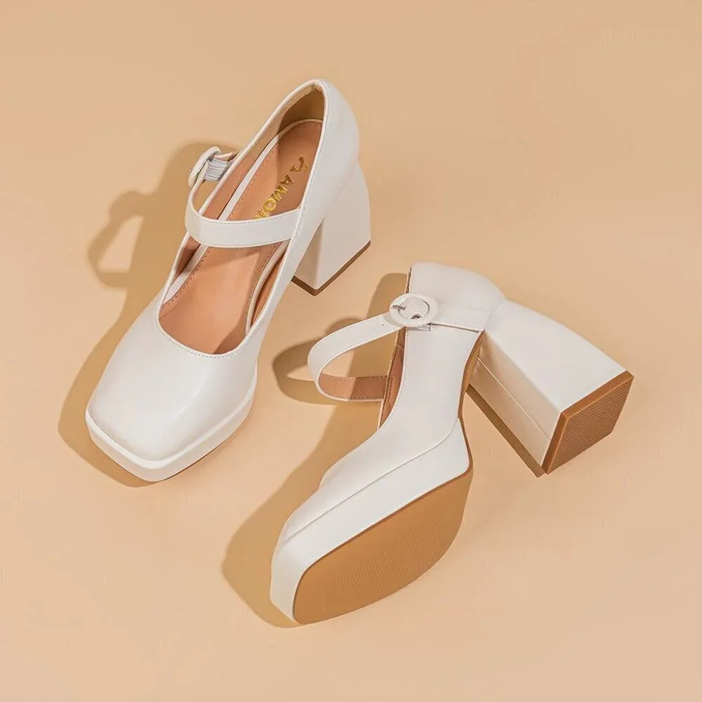 Women 4 Inches High Platform  Mary Jane Shoes Chunky Block Heels - Picture 4 of 8